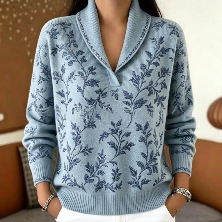 Women's relaxed-fit V-neck pullover sweater with printed 3D-effect pattern - Main product view