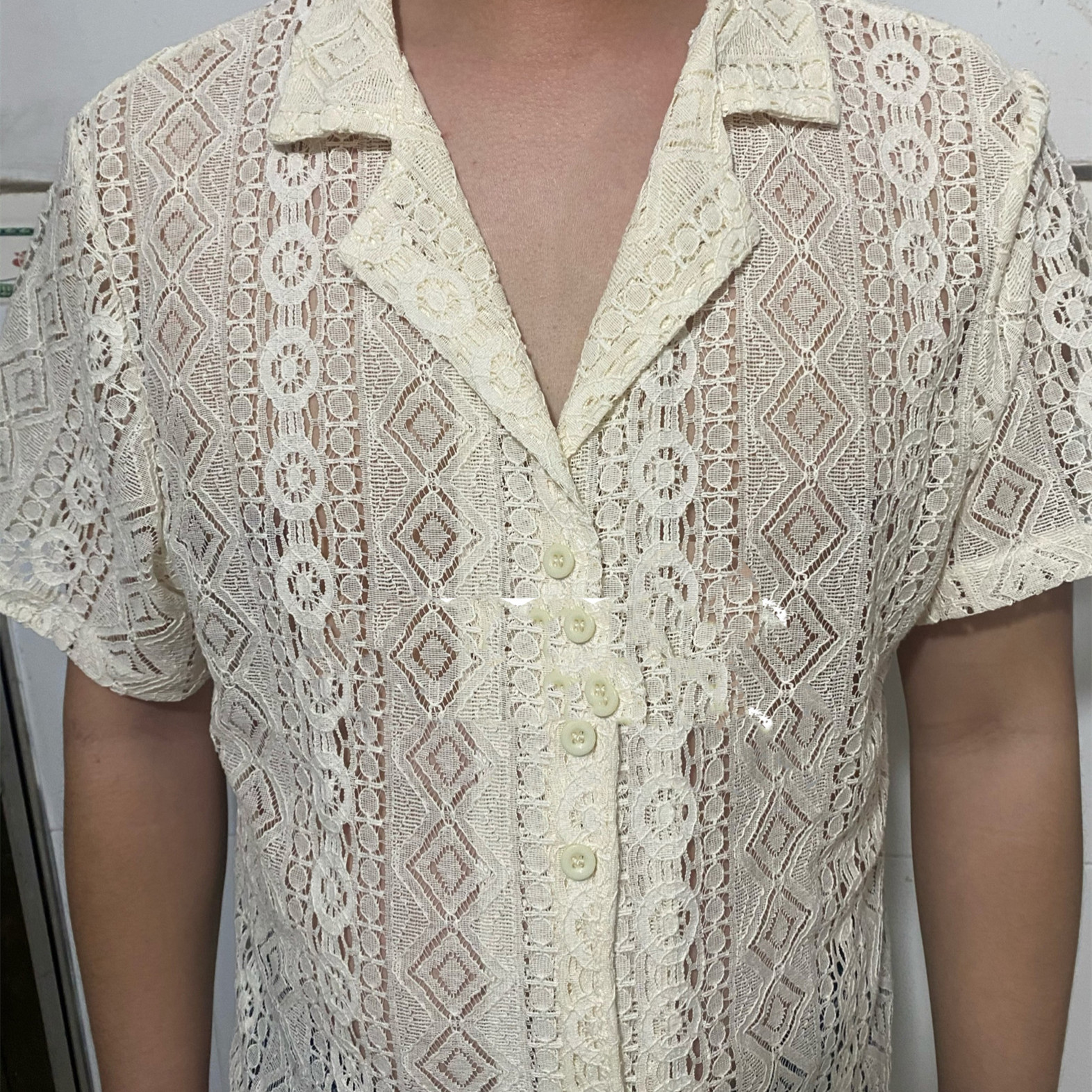 Men's solid-color lace hollow-out see-through shirt - Product view 2