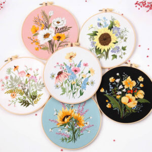 Floral cotton-linen embroidery DIY material kit with fabric components - Main product view