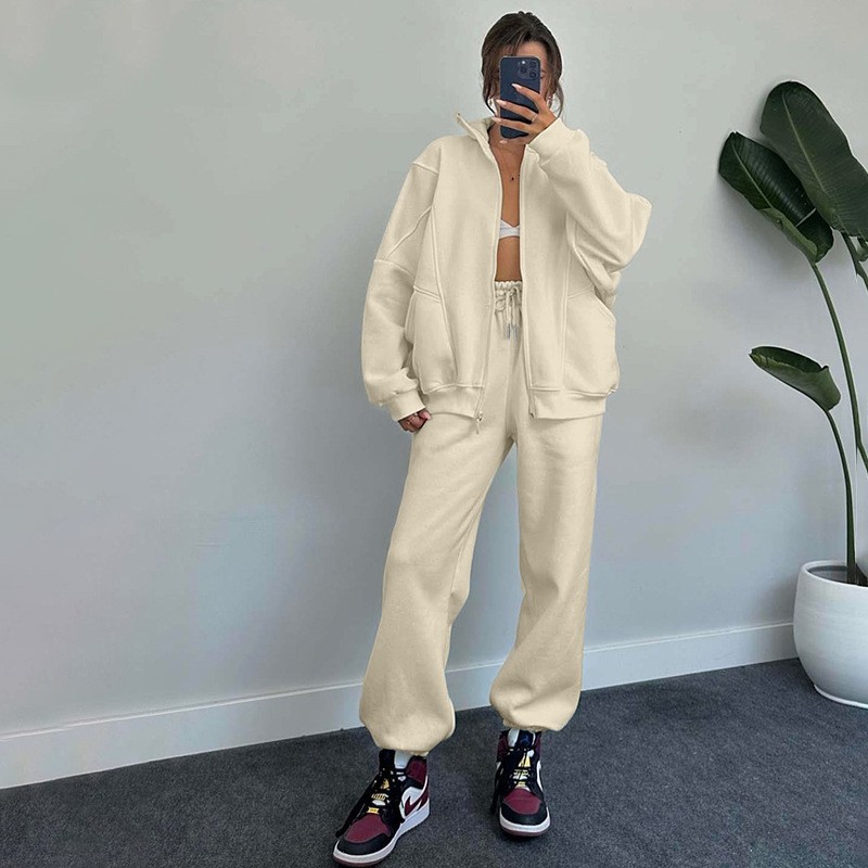 Women's casual two-piece jogger tracksuit with zip-up stand-up collar top and drawstring trousers - Product view 4