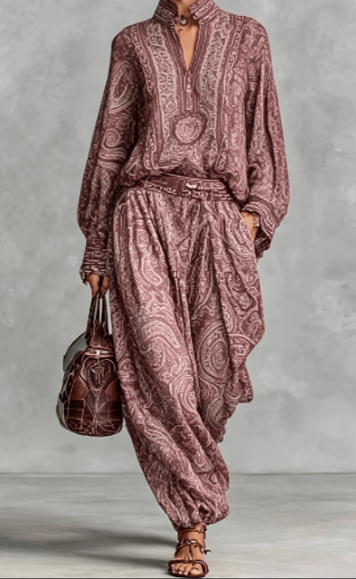 Women's paisley print loose blouse and matching harem pants set - Product view 3