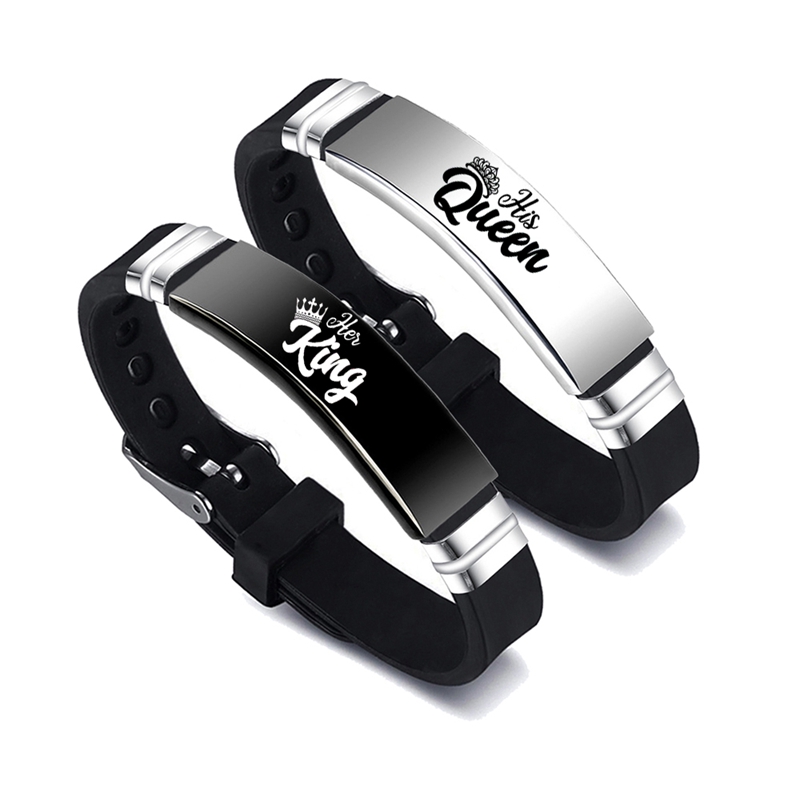 Black and silver His King Her Queen matching couple bracelet set with crown and letter charms - Product view 2