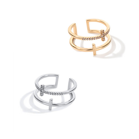 Adjustable copper open ring with zircon inlay and geometric double-cross-inspired design - Product view 4