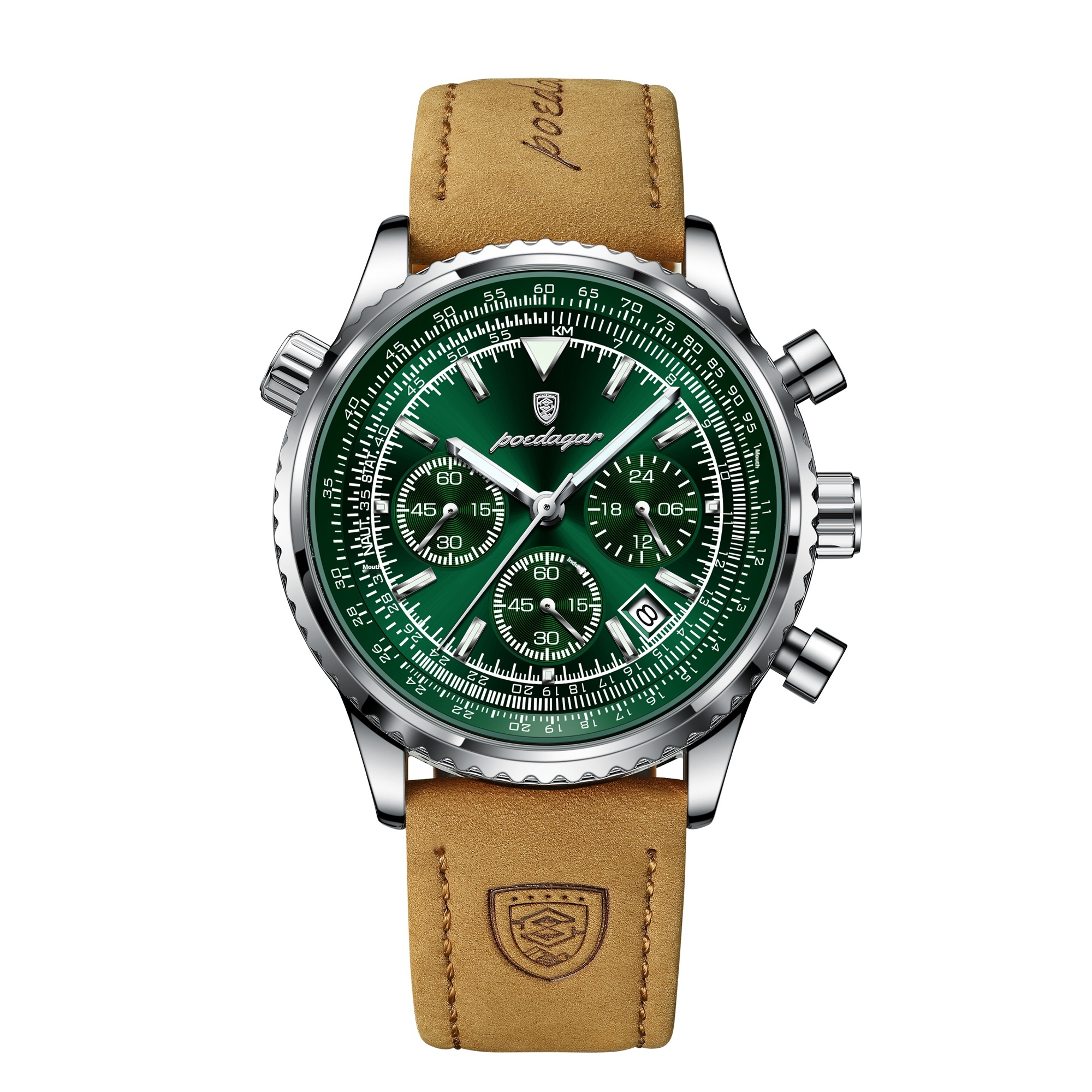 Men’s multifunctional quartz watch with genuine leather strap and night light - Product view 1