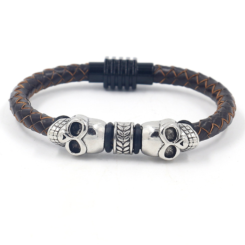 Men's vintage woven leather skull bracelet in black or brown - Product view 3
