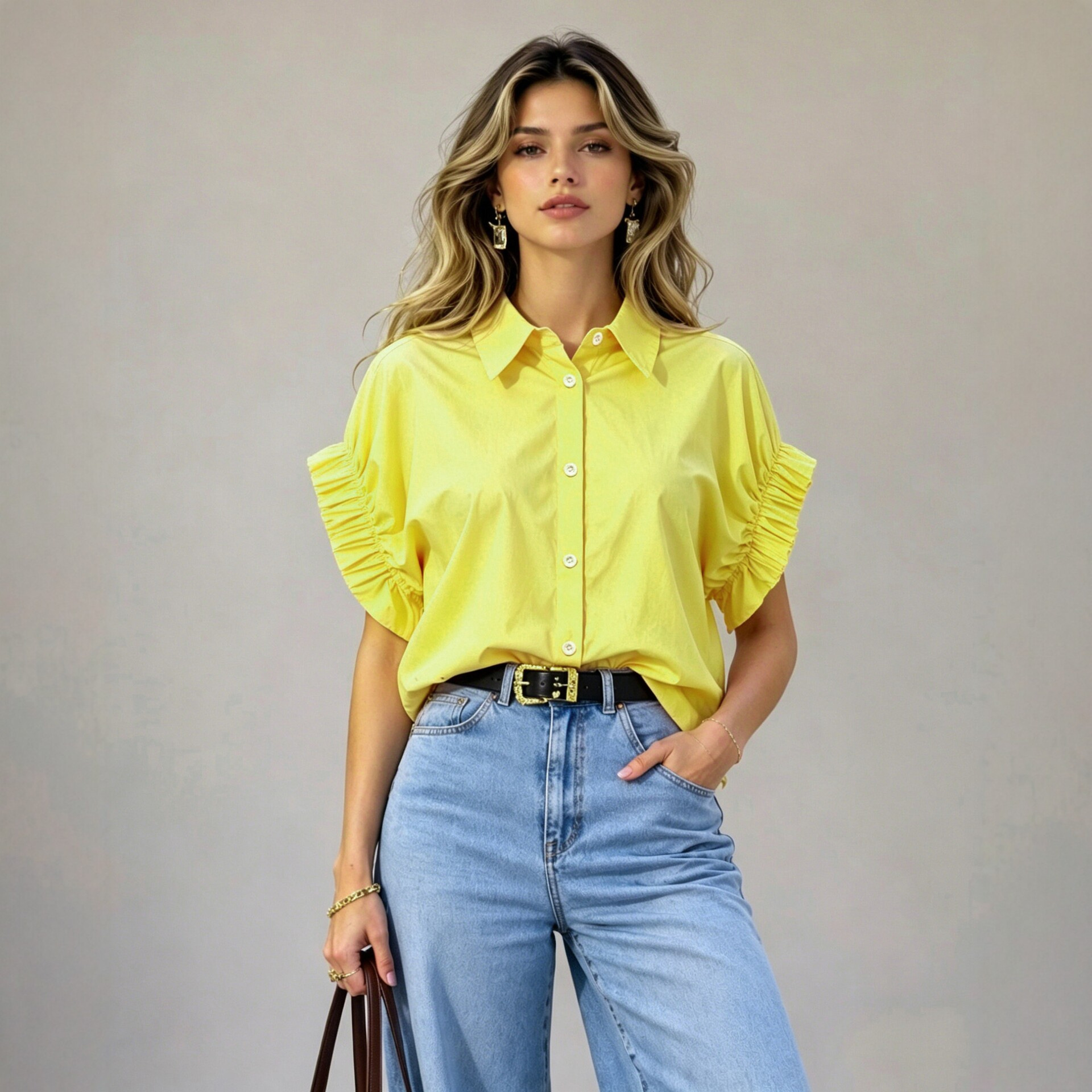 Women's loose-fit short-sleeve blouse with turn-down collar and puff sleeves - Product view 3