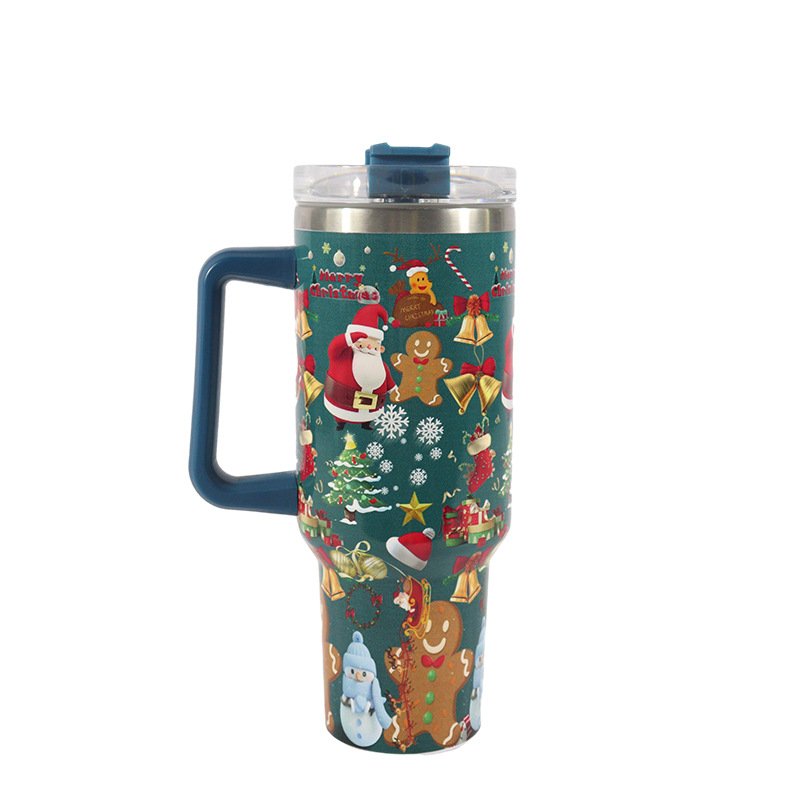 Christmas-pattern stainless steel tumbler with handle, lid and straw - Product view 1