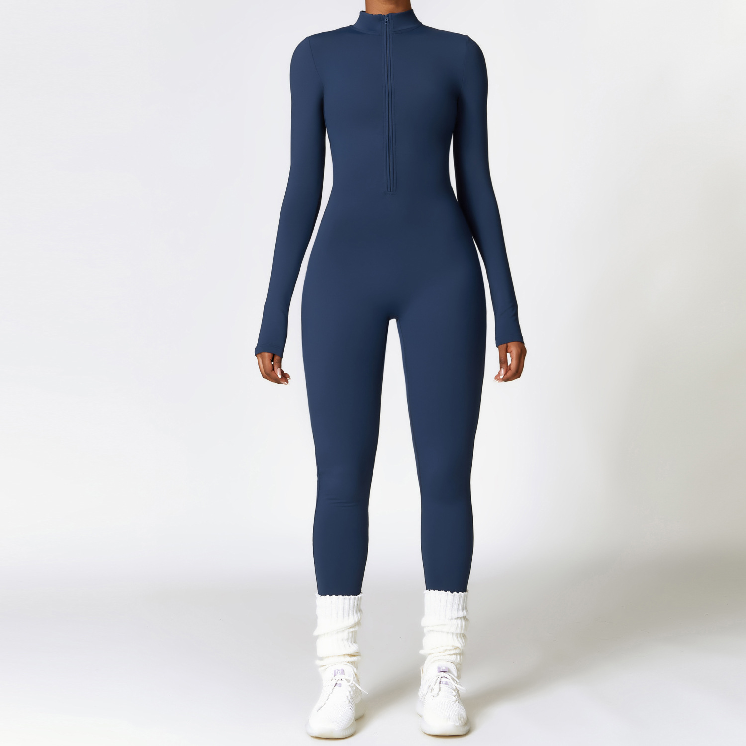 Women's long-sleeve zip-front sports jumpsuit in warm velvet fabric - Product view 2