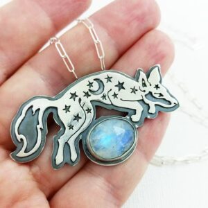 Vintage fox pendant necklace with star and moon details and moonstone inlay - Main product view