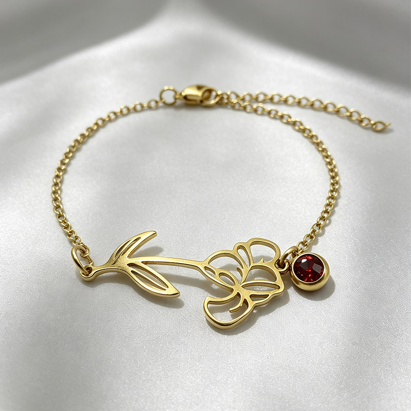 Retro stainless steel birth flower bracelet with monthly flower design - Product view 9