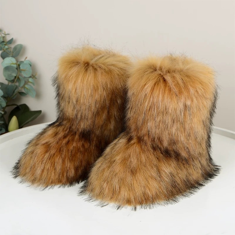 Women's plush faux fur mid-calf winter boots with flat heel - Main product view