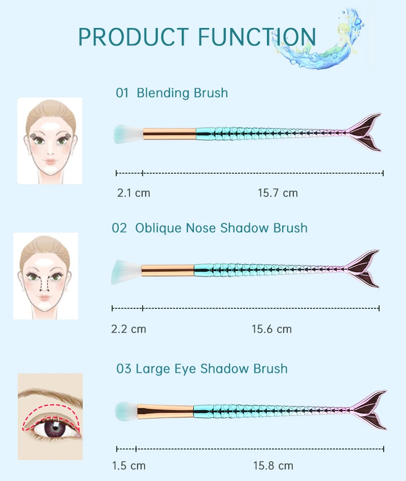 11pcs Makeup Brushes Kit Maquiagem Maquillaje New Mermaid Foundation Eyebrow Eyeliner Cosmetic Makeup Brushes - Product detail 5 11-piece mermaid makeup brush set with synthetic nylon bristles and plastic handles - Product detail 5