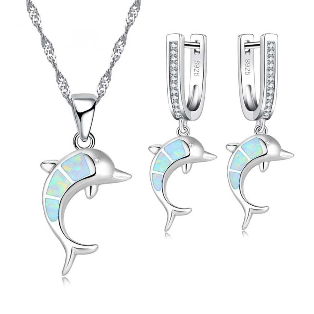 Gold-plated dolphin necklace and earrings set with opal-style detailing - Product view 2