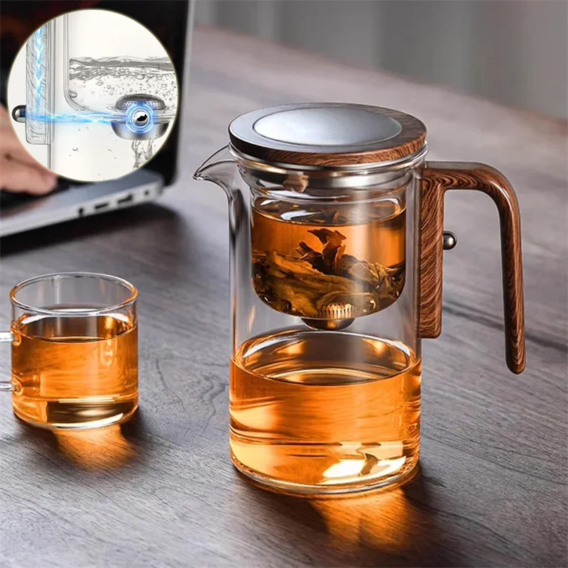 Glass tea infuser teapot with wooden handle and one-press filtration - Main product view
