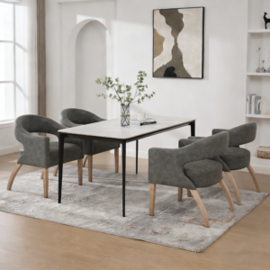 Set of four gray PU dining chairs with open backs and weathered rubberwood legs - Main product view