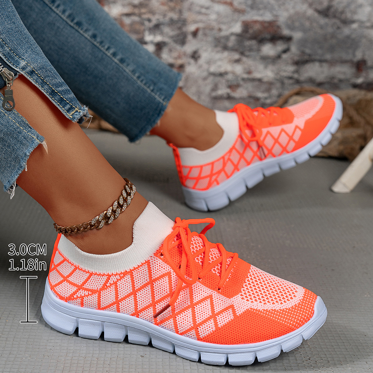 Colorblock plaid lace-up sneakers with round toe and flat heel - Product view 6