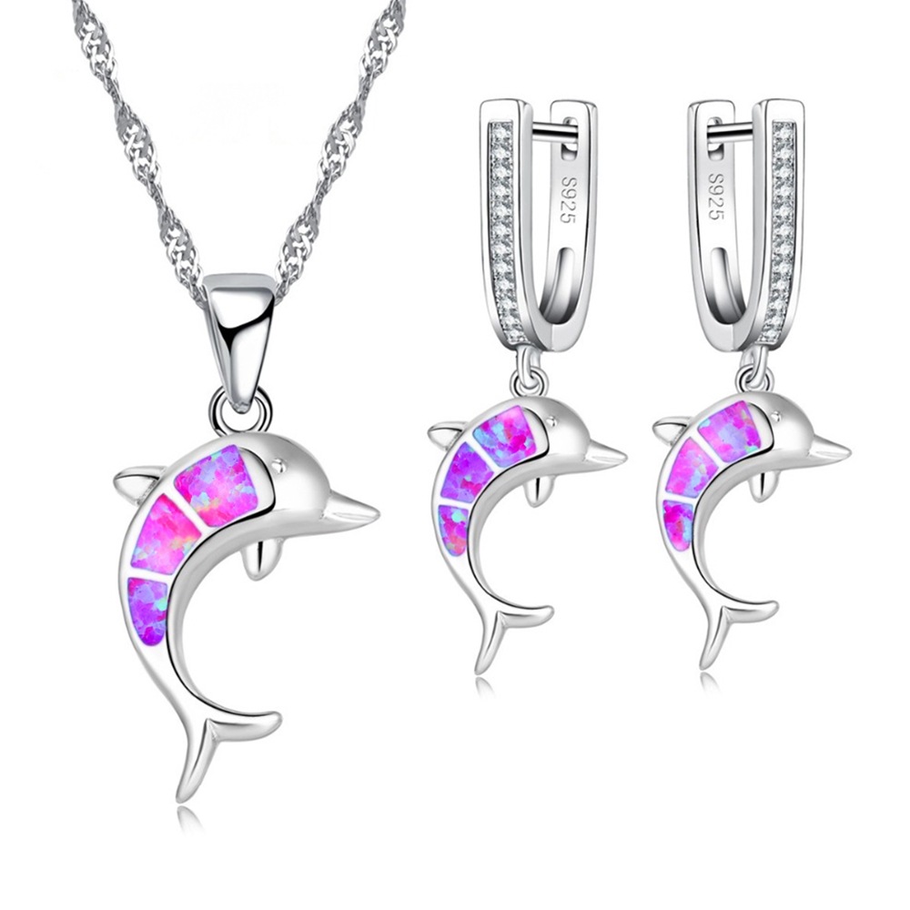 Gold-plated dolphin necklace and earrings set with opal-style detailing - Product view 4