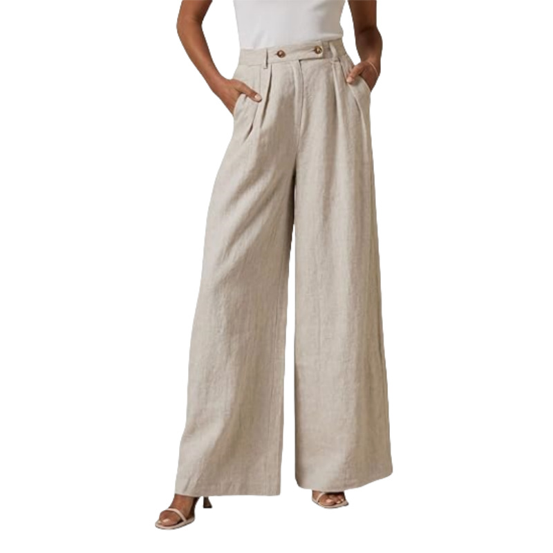 Women's cotton-linen wide-leg trousers with elastic high waist and button detail - Product view 1