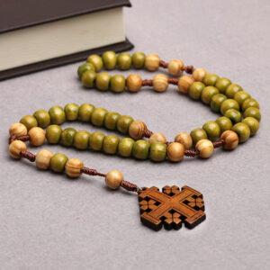 Natural wooden five-section prayer bead necklace with handwoven cross pendant - Main product view