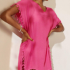 Women's V-neck tassel short-sleeve top in blue or rose red - Main product view