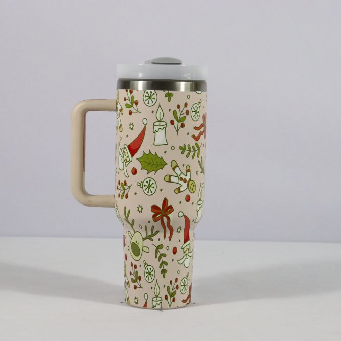 Christmas-pattern stainless steel tumbler with handle, lid and straw - Product view 5
