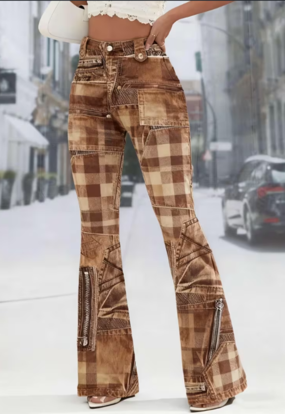 Patchwork flare-leg pants with zipper and button details - Main product view