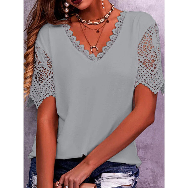 Women's lace-panel loose V-neck short-sleeve top in a solid color - Product view 7