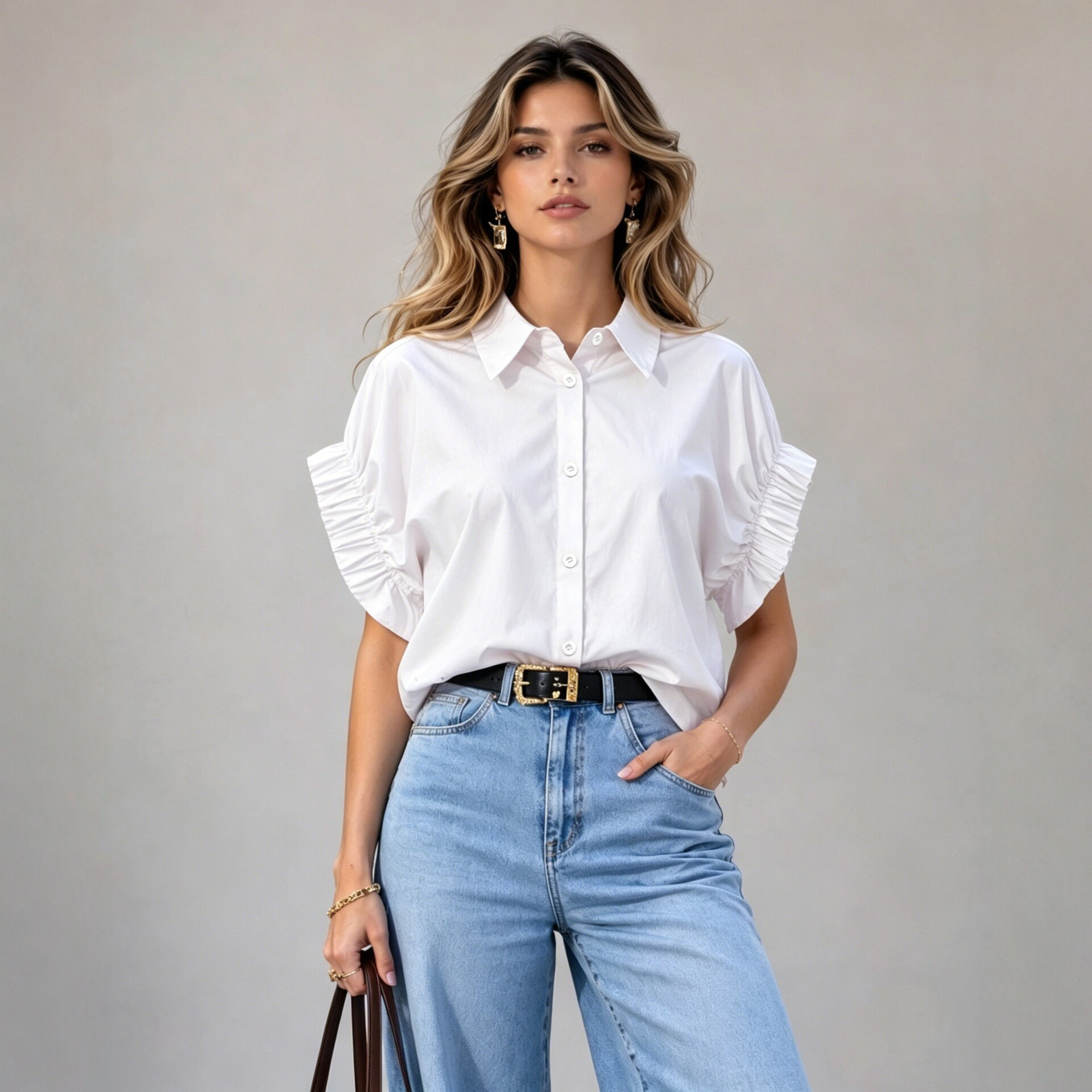 Women's loose-fit short-sleeve blouse with turn-down collar and puff sleeves - Product view 4
