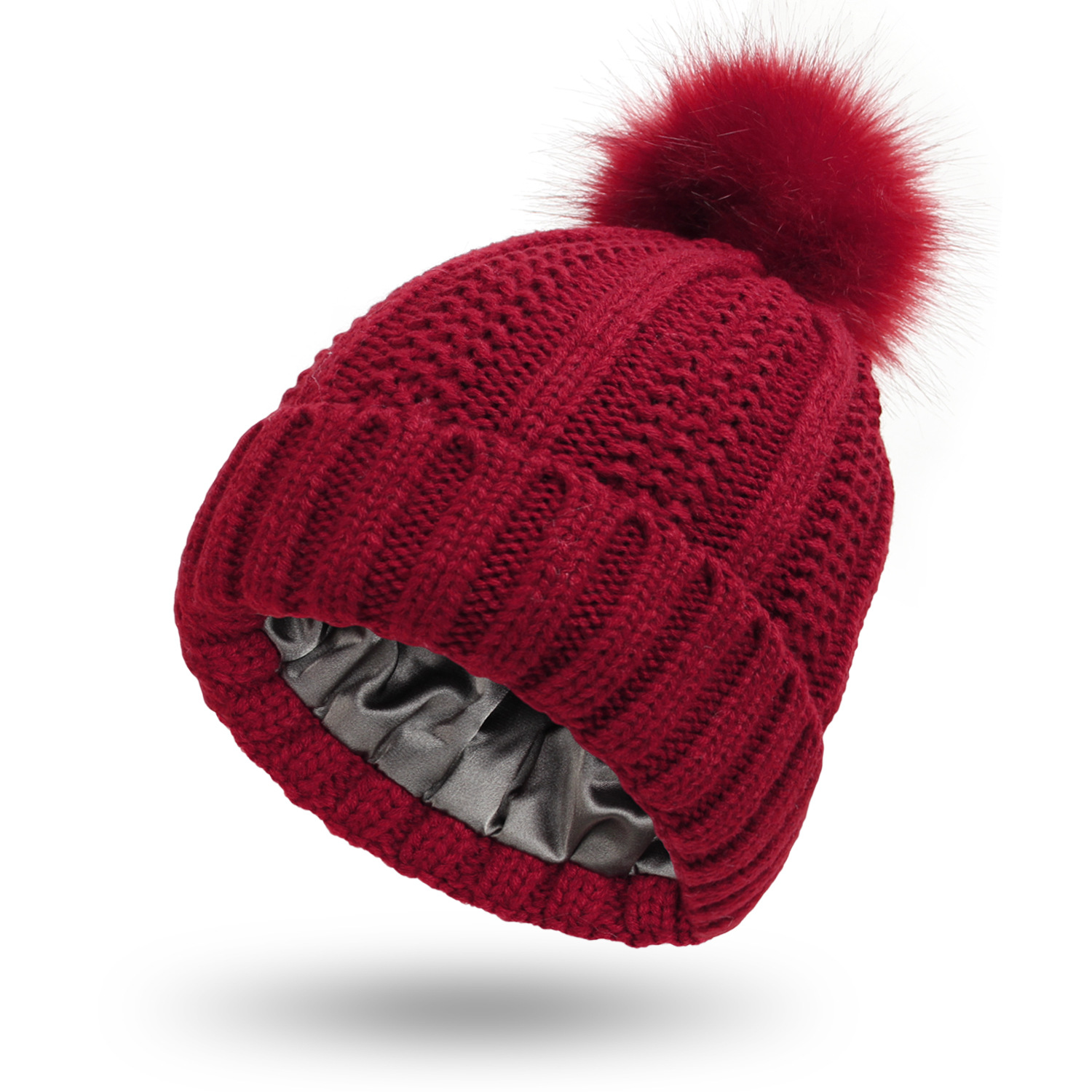 Women’s knitted beanie with satin lining and faux fur pom pom - Product view 2
