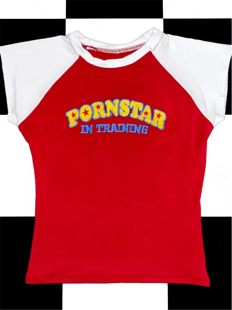 Red and white slim-fit short-sleeve letter print crop top - Product view 3