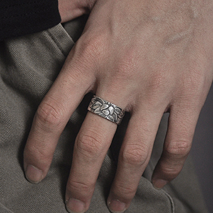 Thai Silver Black Lotus Heart Sutra Ring - Main product view