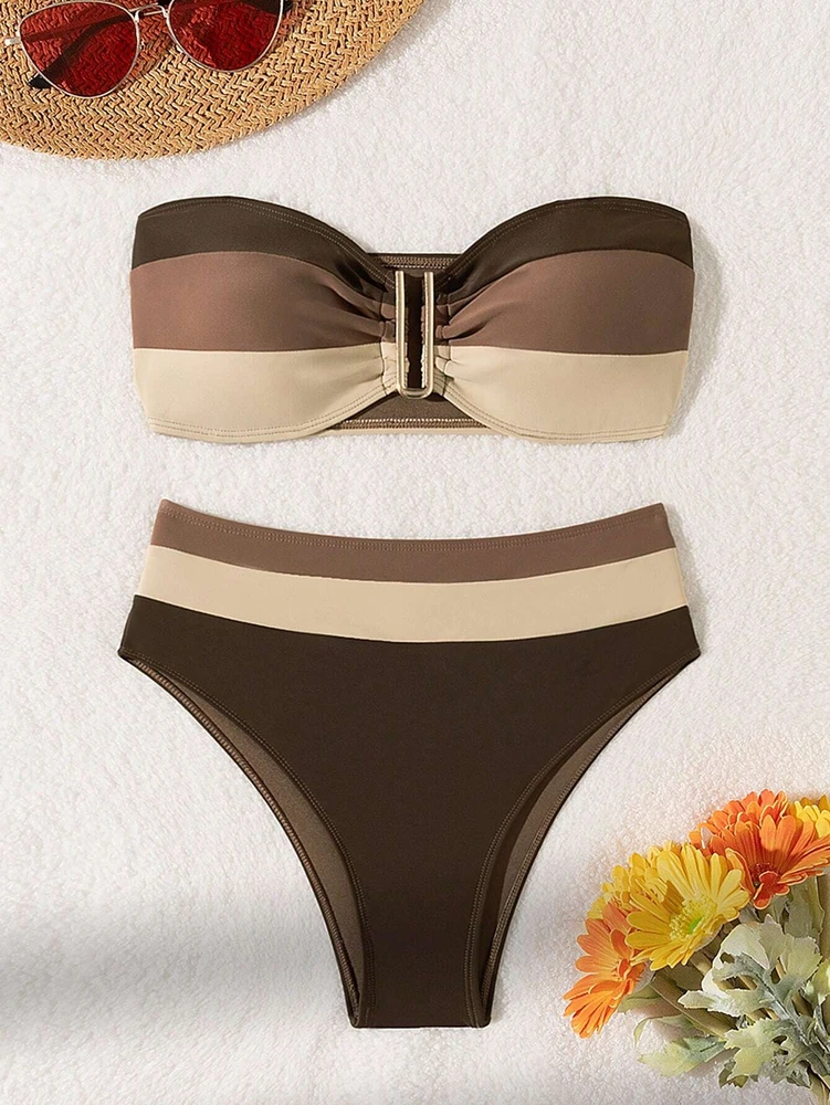 Women's coffee-colored strapless two-piece bikini swimsuit - Product view 8