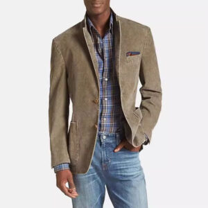 Men's khaki casual blazer with classic lapels and three pockets - Main product view
