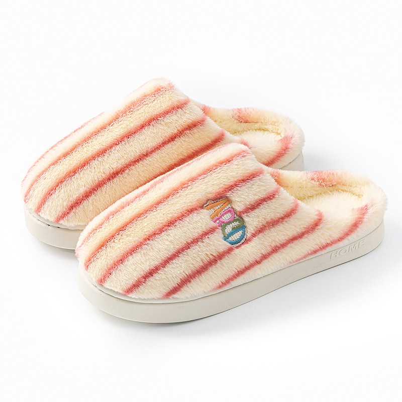 Striped plush unisex winter slippers with embroidered lettering - Product view 2