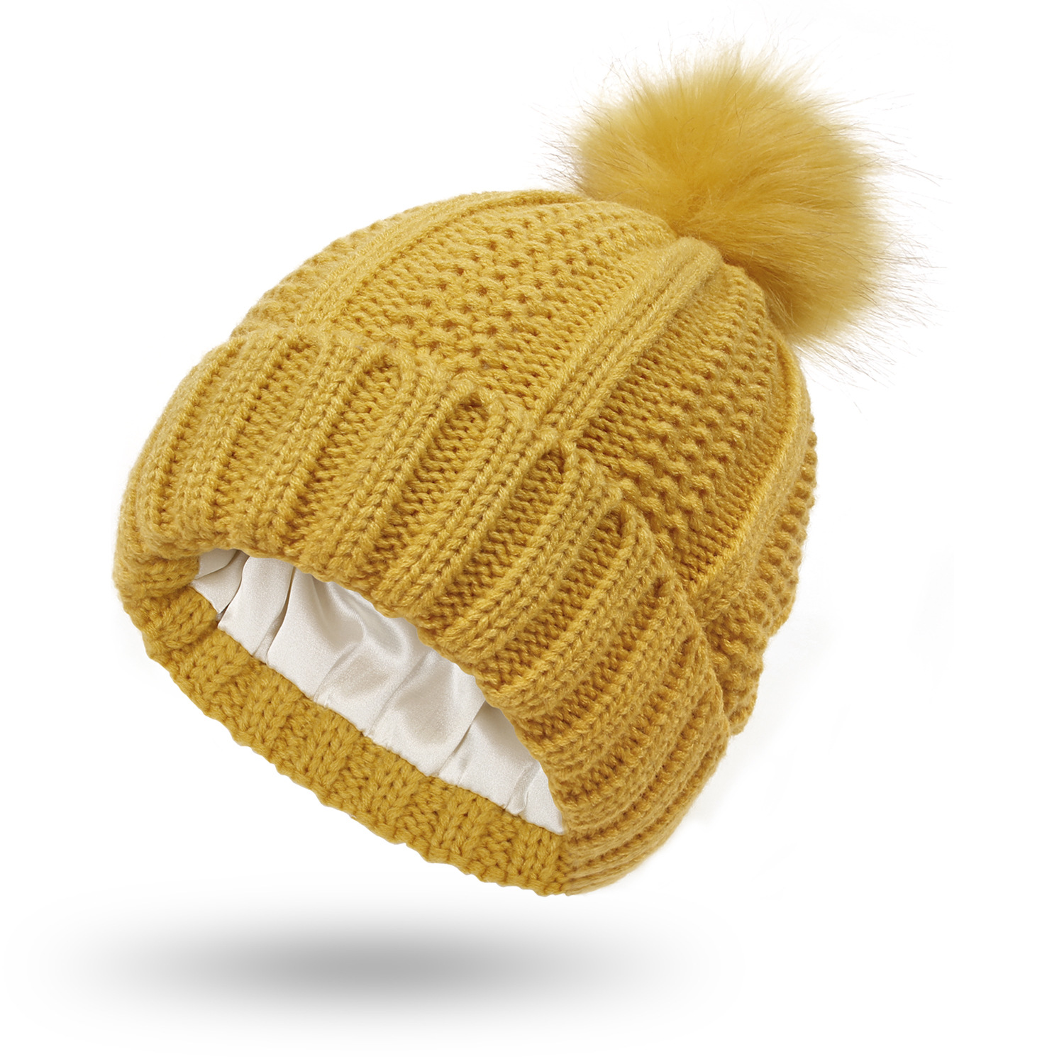 Women’s knitted beanie with satin lining and faux fur pom pom - Product view 12