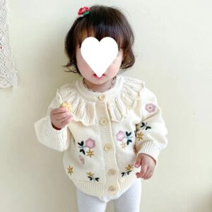 Beige apricot children's knitted cardigan with flower embroidery and lotus collar - Main product view