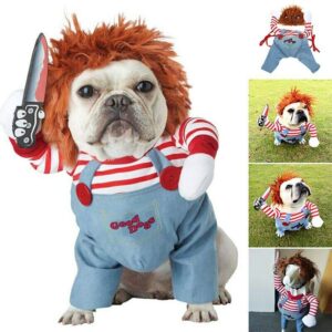 Red adjustable horseman-themed pet Halloween costume set with wig and foam knife - Main product view