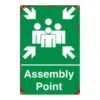 Green metal emergency assembly point sign with directional arrow and figure - Main product view
