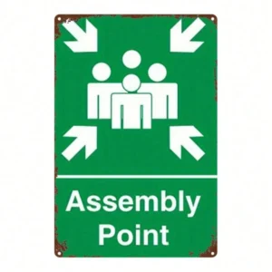 Green metal emergency assembly point sign with directional arrow and figure - Main product view