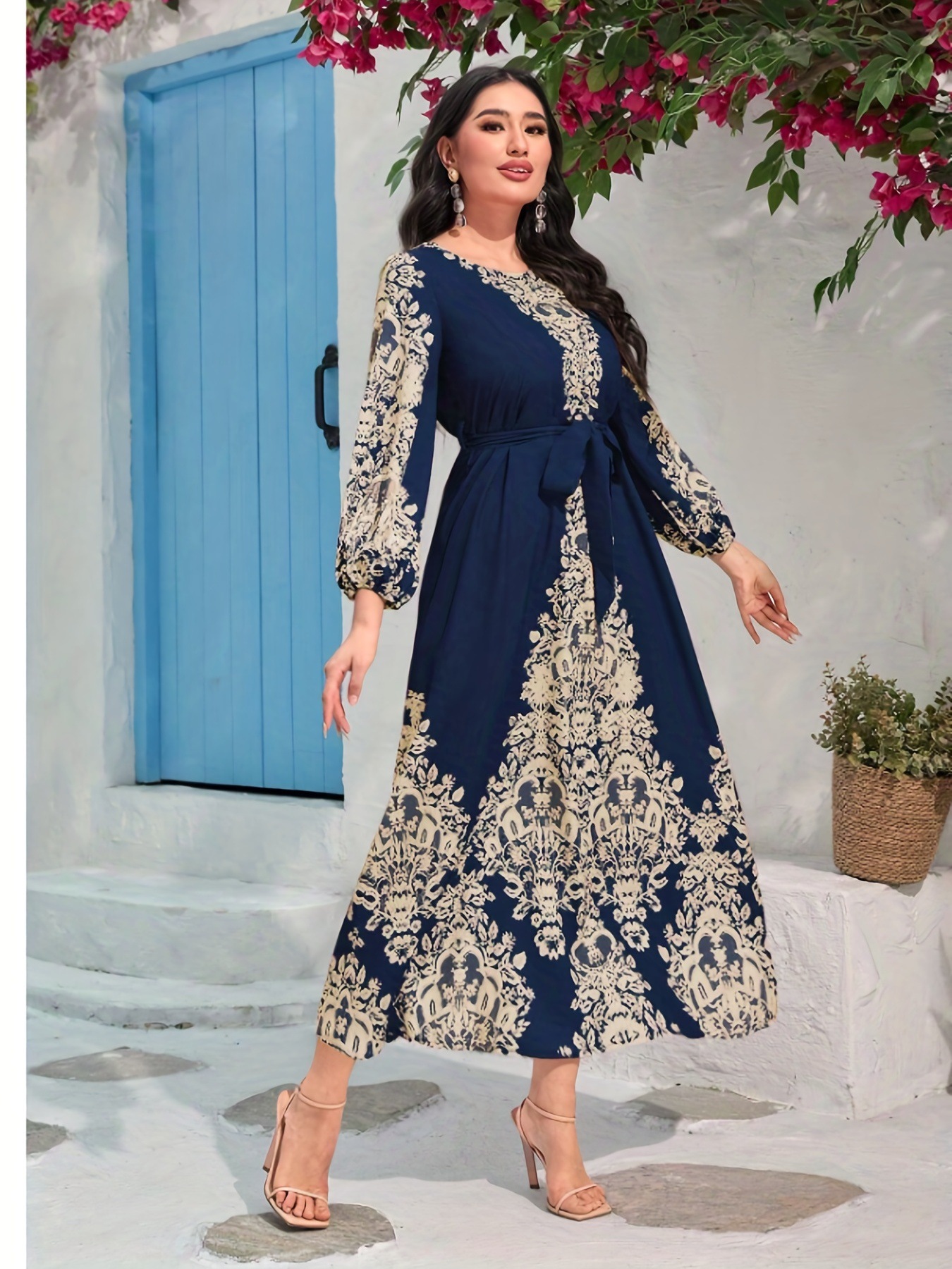 Women’s navy blue digital print long-sleeve maxi dress with belt detail - Main product view