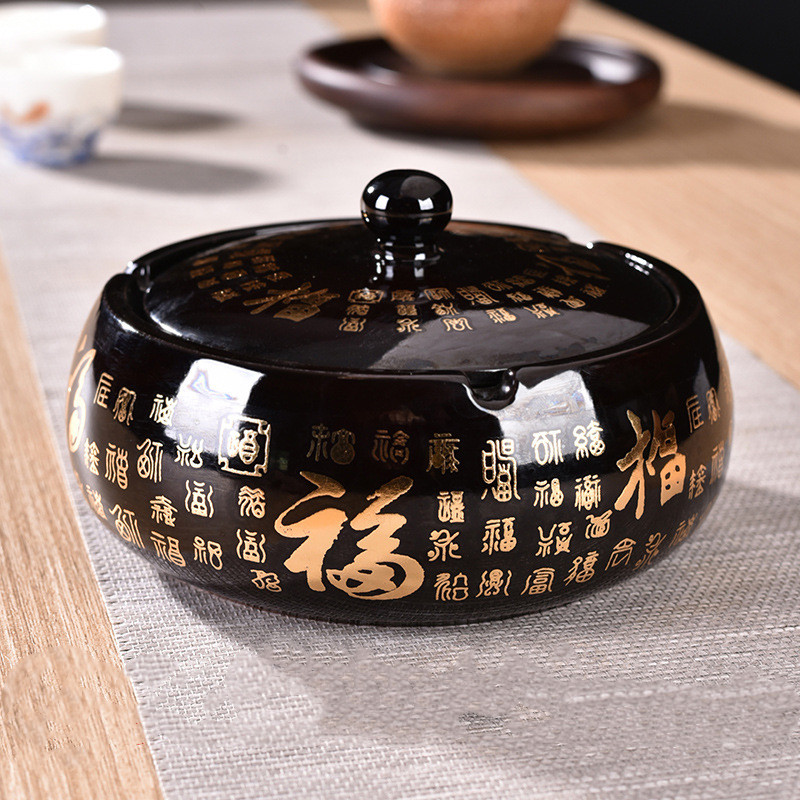 Decorative ceramic ashtray with floral and fortune-inspired designs - Product view 8