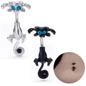 Stainless steel cat belly button ring with animal charm in black or white - Main product view