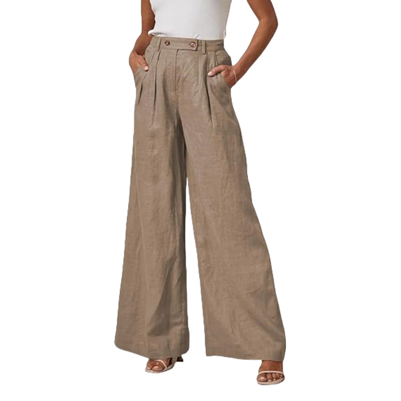 Women's cotton-linen wide-leg trousers with elastic high waist and button detail - Product view 3