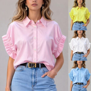 Women's loose-fit short-sleeve blouse with turn-down collar and puff sleeves - Main product view