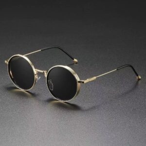 Unisex round-frame steampunk sunglasses with dragon and phoenix motifs - Main product view