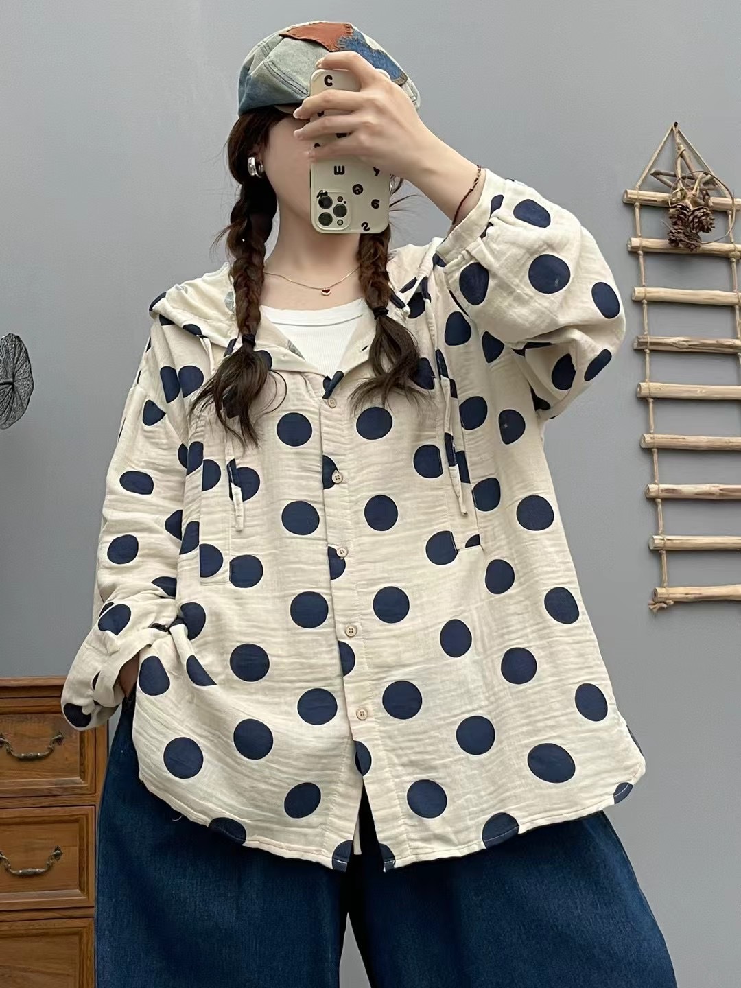 Women's loose-fit polka-dot print cardigan hoodie - Product view 2
