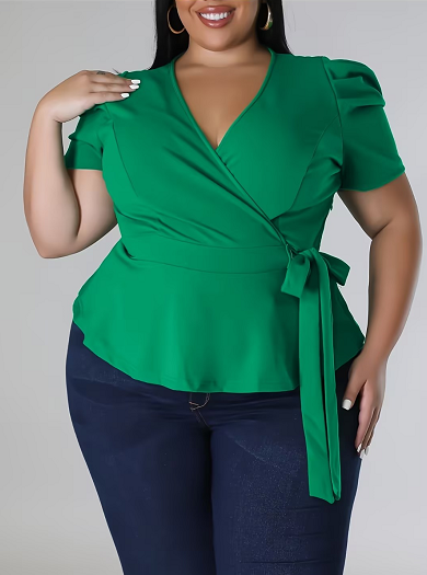 Women’s puff-sleeve wrap V-neck top with drawstring waist - Product view 3