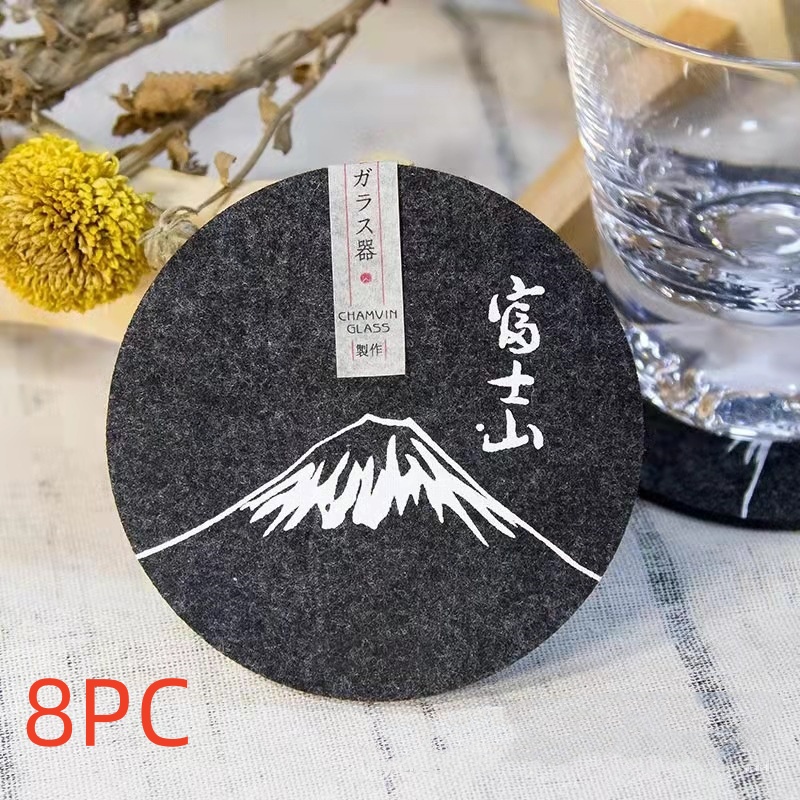 Black round Fuji Mountain felt coaster with flower pattern - Product view 3