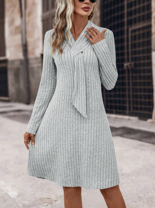 Solid color knitted long-sleeve dress - Main product view