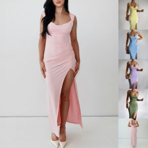 Women's solid-color sleeveless slit dress with back tie - Main product view